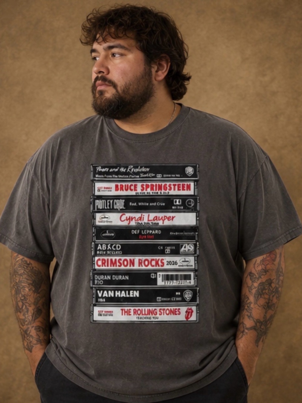 Gildan Gray Men's Tee with Retro Cassette Stack Graphic